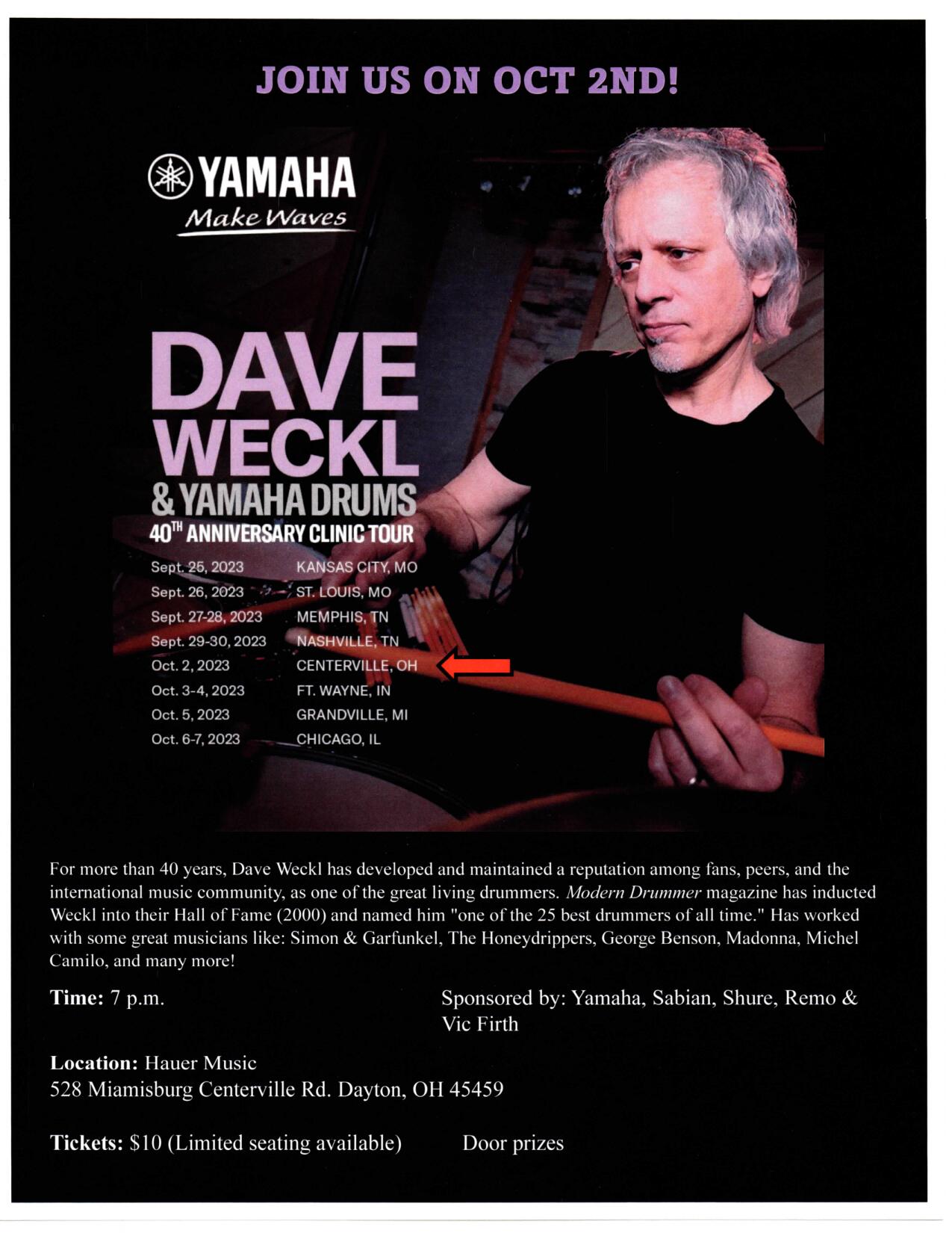 Dave Weckl in centerville Ohio near dayton/cincinnati, Oct 2nd : r/drums